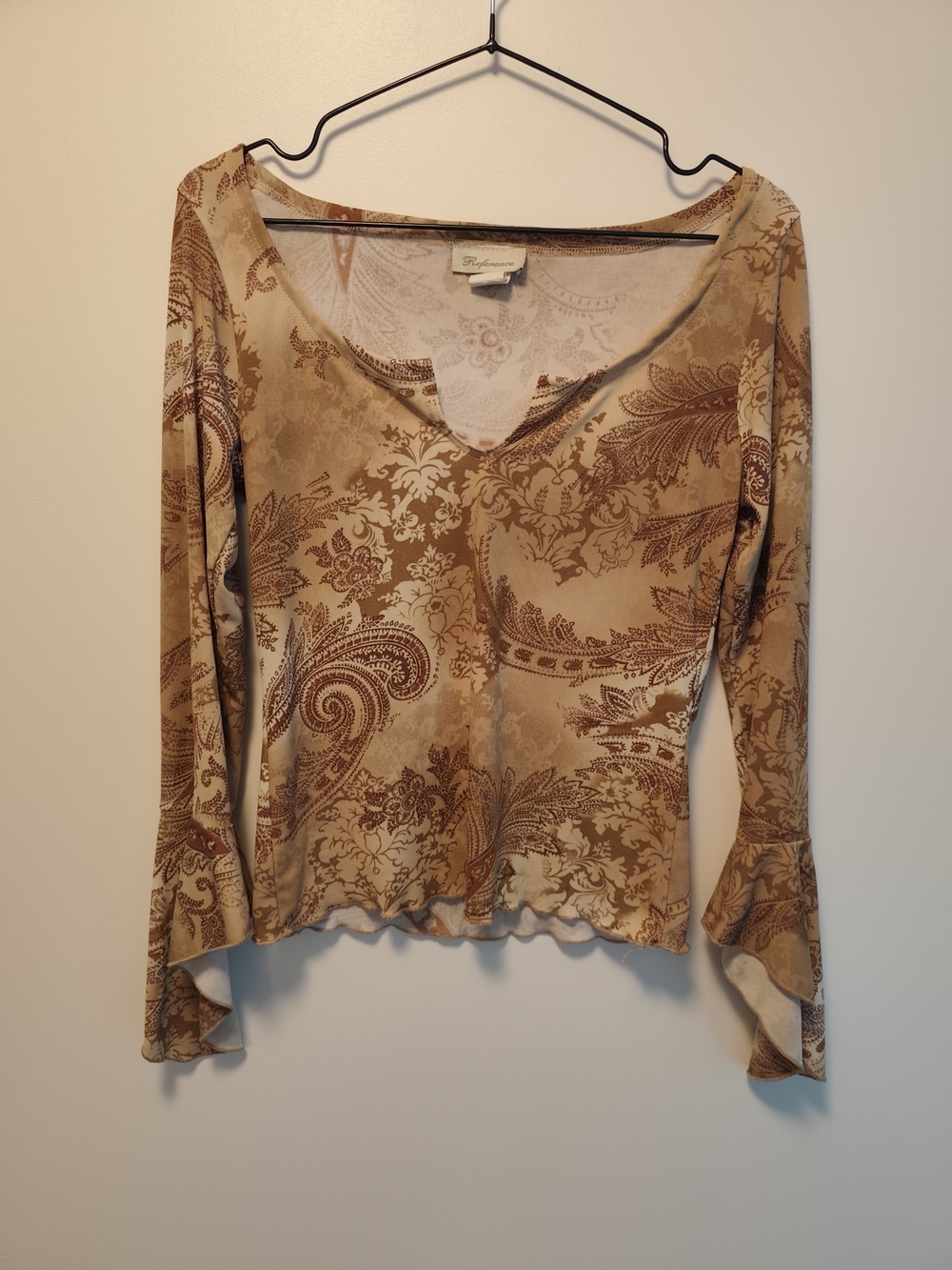 Vintage 2000s Whimsigoth Paisley Flare Sleeve Top Fairy Grunge Split Neck US L